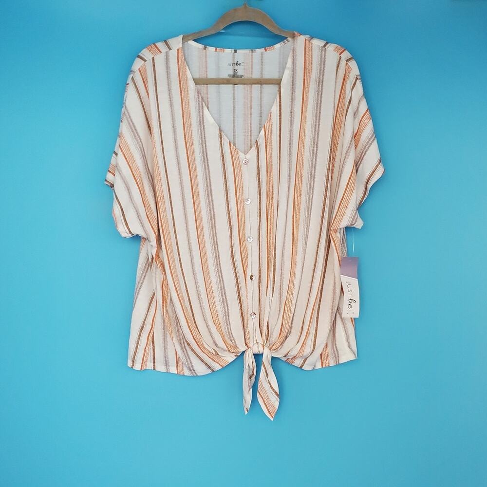 NEW Just Be Top Size 2X Striped Short Sleeve Tie Front V-Neck